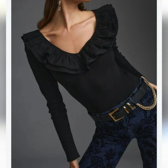 Anthropologie, New, Dolan Black Ruffled V-Neck Mixed Media Top, Size XL - Picture 3 of 12